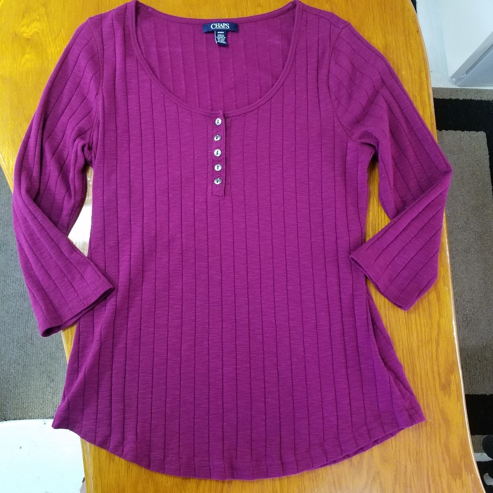 Chaps 3/4 sleeve Top Scoop Neck Med Maroon